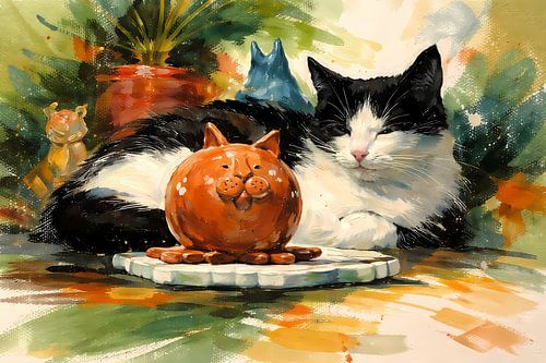 Chat avec une statuette en céramique