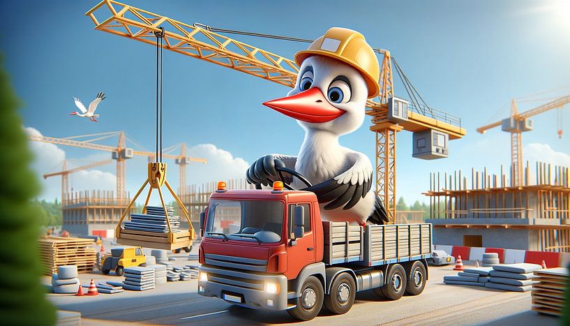 Hardwerkende ooievaar als site manager op de bouwplaats van artefacti