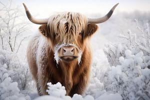 Schottischer Highlander im Schnee bedeckt