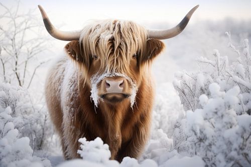 Schotse hooglander bedekt met sneeuw