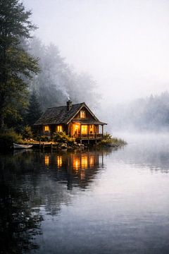 Gemütliche Hütte am See im Morgennebel von Dodik Hariyono