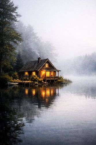 Gezellige hut aan het meer in de ochtendmist