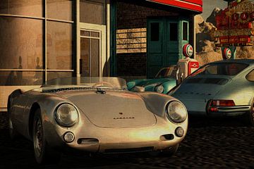 Porsche 550 samen met Porsche 911 en Porsche 356 in benzinestation
