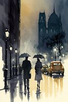 Parijs in de regen 1950 aquarel