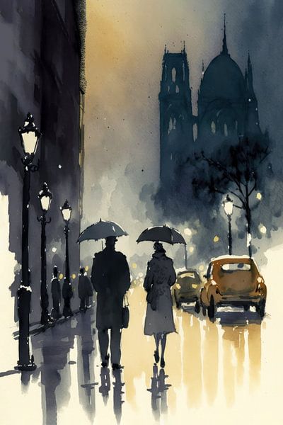 Paris in the rain 1950 watercolour by Preet Lambon