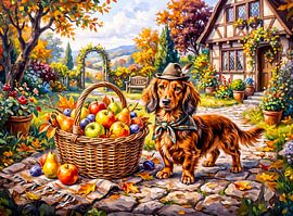 Dachshund Sitting Beside Apples Pumpkins Autumn Garden by ArtMomente