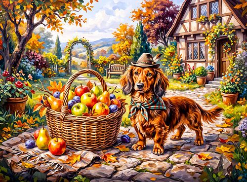 Dachshund Sitting Beside Apples Pumpkins Autumn Garden
