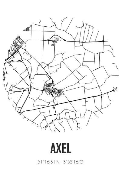Axel (Zeeland) | Karte | Schwarz und weiß von Ortsdrucke