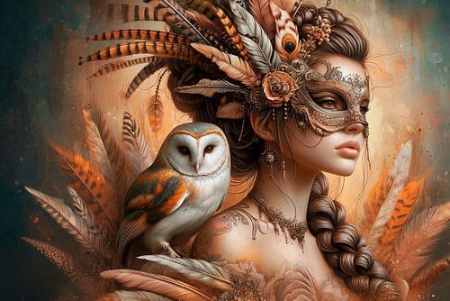 Woman with feathers and a barn owl