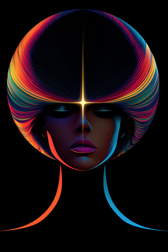 Énergie cosmique - Portrait psychédélique moderne d'une femme avec une aura néon
