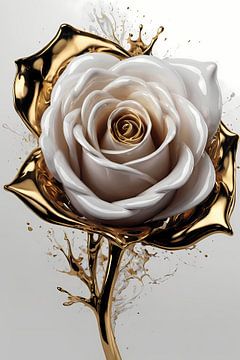 Goldene Spritzer und weiße Rose Kunstwerk von De Muurdecoratie