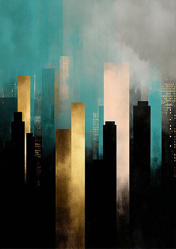 Abstracte skyline in blauwgroene en gouden tinten