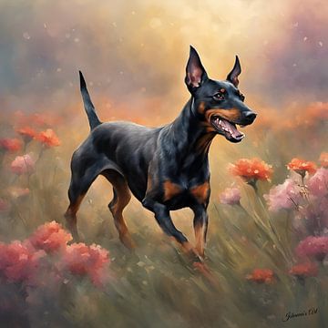 Manchester Terrier spelend in een bloemenveld van Johanna's Art