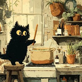 A black cat is cooking at the hob by Erika Kaisersot