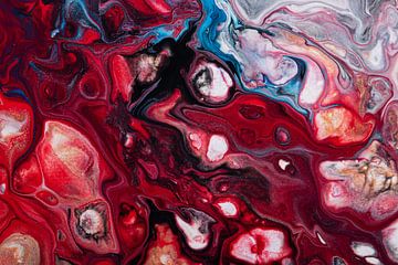 Vloeibare kleuren: rood, roze, blauw, wit en zwart (horizontaal) van Marjolijn van den Berg
