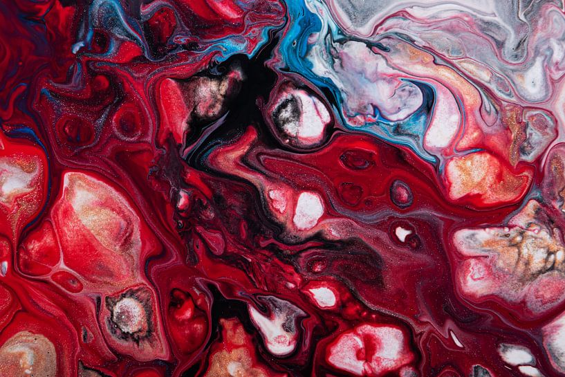 Flüssige Farben: rot, rosa, blau, weiß und schwarz (horizontal) von Marjolijn van den Berg