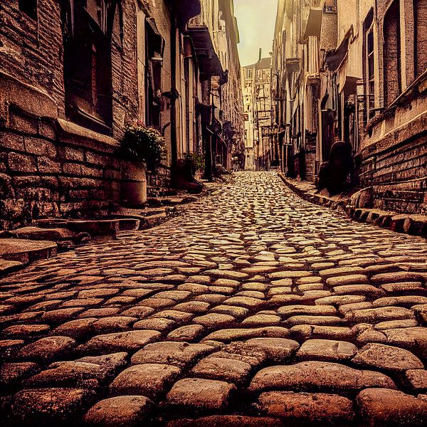 Gemälde einer Altstadt mit Pflastersteinen Illustration 01 von Animaflora PicsStock