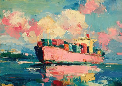 Pastel container ship on calm waters