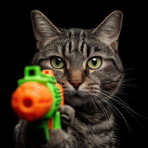 Kat met waterpistool