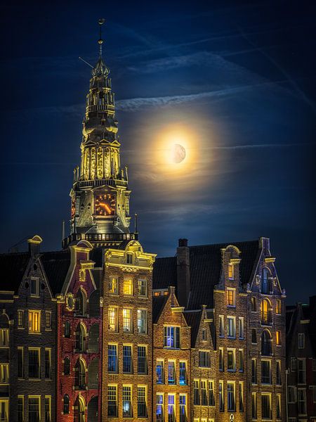 The Enchanting Moon Over the Damrak in the Evening by Bart Ros