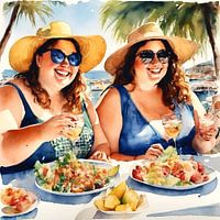 2 gemütliche Damen essen im Urlaub