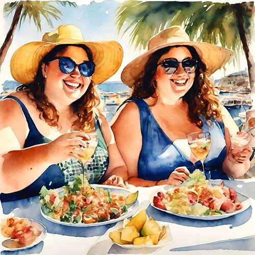 2 gezellige dames eten op vakantie
