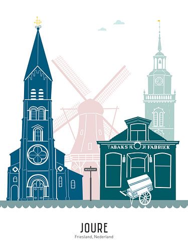 Skyline illustration Joure in colour by Mevrouw Emmer