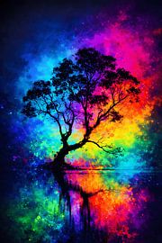 Arbre de vie magique baigné d'une lumière néon cosmique – Peinture de paysage abstraite sur ButterflyPix