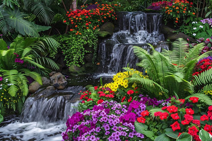Jardin coloré avec cascade et fleurs diverses par Art & Soul Creations