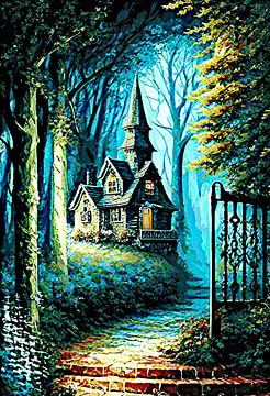 La petite maison forestière cachée dans la forêt magique nocturne sur Caspar M. Wunderweg