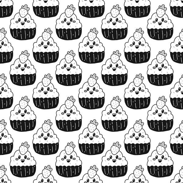 Motif sans couture en noir et blanc de mignons cupcakes de dessins animés avec garniture à la fraise. par riz_studio