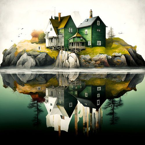 coastal landscape island houses birds surreal maritime reflection