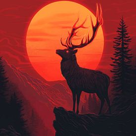 Hert in een rode zonsondergang van Pixelbull Design