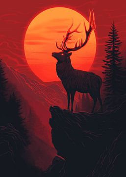 Hert in een rode zonsondergang van Pixelbull Design