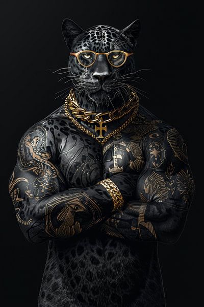 Black panther full of tattoos with gold chain by Digitale Schilderijen