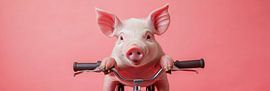 Ferkel auf einem roten Kinderfahrrad mit rosa Hintergrund von Digitale Schilderijen