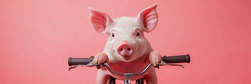 Varkentje op een rode kinderfiets met een roze achtergrond