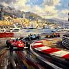 Schilderij van vintage Ferrari’s en moderne F1-auto’s in Monaco van Jan Keteleer