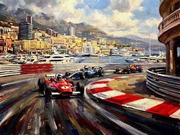 Peinture représentant des Ferrari d'époque et des voitures de F1 modernes à Monaco