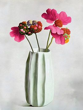 White vase with pink flowers by Artclaud