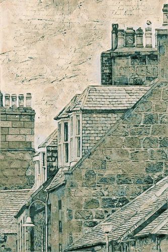 17 Eeuwse daken met dakkapellen en schoorstenen (detail)