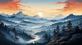 Berge im Jura Gebirge mit Sonnenuntergang und Nebel