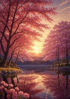 Fleur de cerisier Sakura Lac Rivière Coucher de soleil Printemps Japon