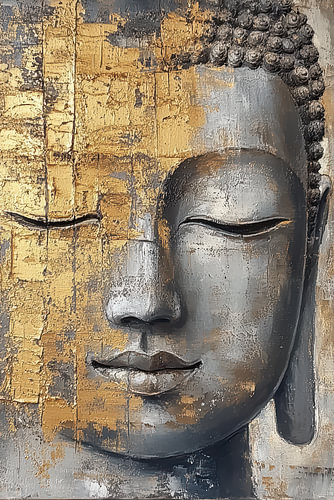 Buddha-Porträt mit abstrakter Struktur im Japandi-Stil