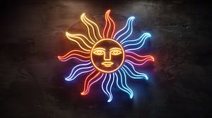 Smiley neon sun in colour panorama
