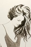 In mind (sepia watercolor painting portrait beautiful woman lady long hair delicate paint brown)