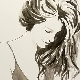 In gedachten (sepia aquarel schilderij portret mooie vrouw dame lang haar kwetsbaar verf bruin) van Natalie Bruns