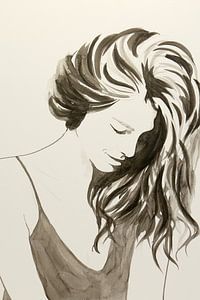 In Gedanken (Sepia-Aquarellmalerei Porträt Frau) von Natalie Bruns