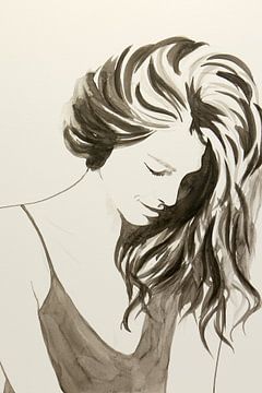 In gedachten (sepia aquarel schilderij portret mooie vrouw dame lang haar kwetsbaar verf bruin) van Natalie Bruns