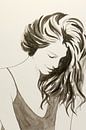 In gedachten (sepia aquarel schilderij portret mooie vrouw dame lang haar kwetsbaar verf bruin) van Natalie Bruns thumbnail